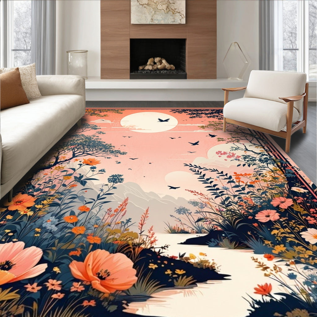 Floral Serene Landscape Birds Mountains Rug