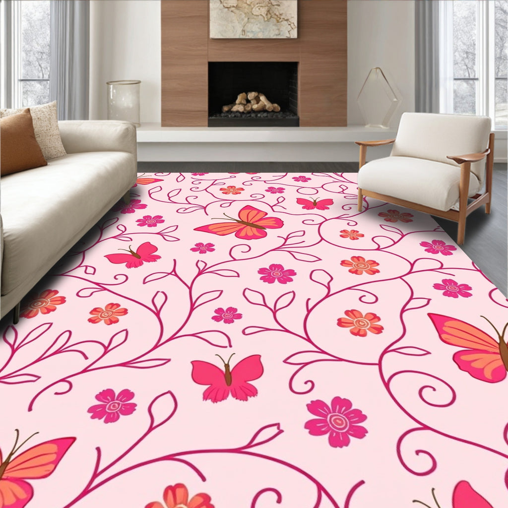 Whimsical Pink Floral Butterfly Pattern Rug