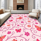 Whimsical Pink Floral Butterfly Pattern Rug