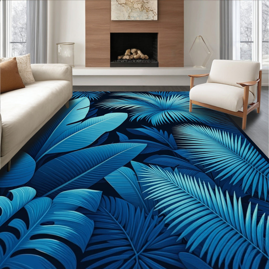 Deep Blue Tropical Foliage Design Rug