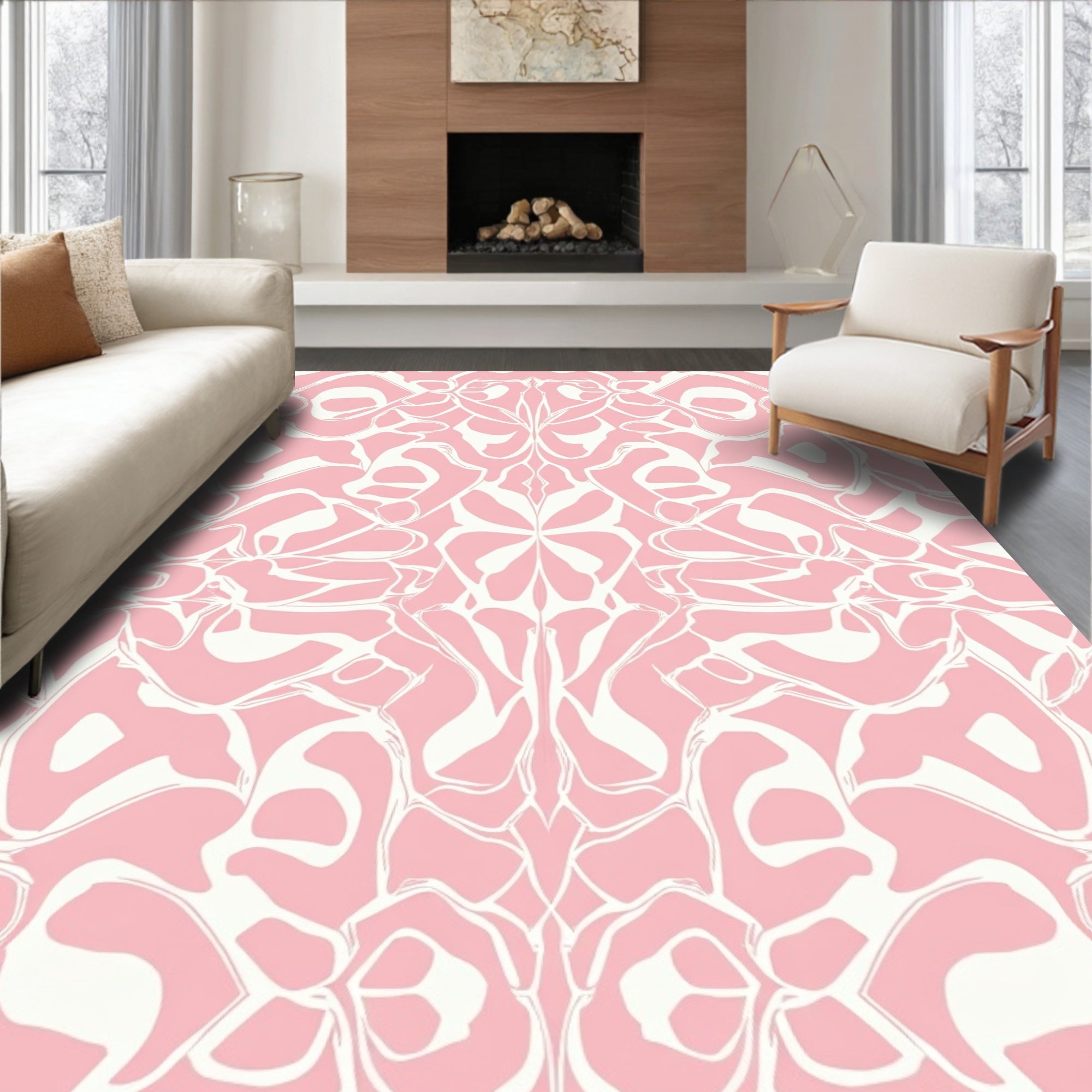 Pink White Organic Abstract Pattern Rug