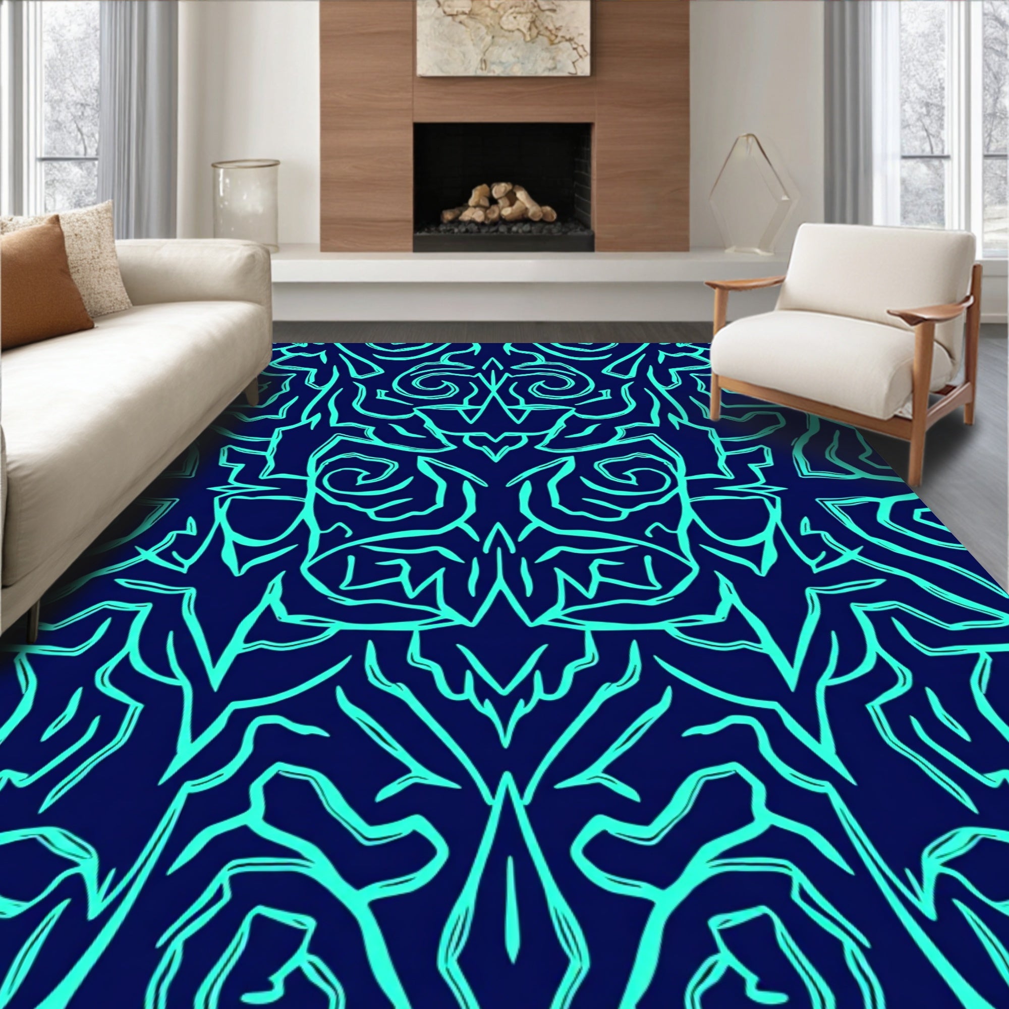 Electric Blue Abstract Swirl Pattern Rug