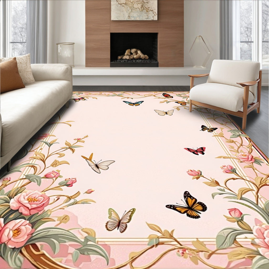Floral Butterfly Patterned Romantic Rug