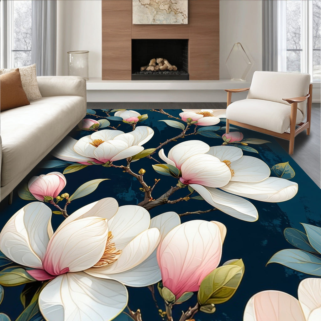 Magnolia Flower Patterned Dark Floral Design Rug