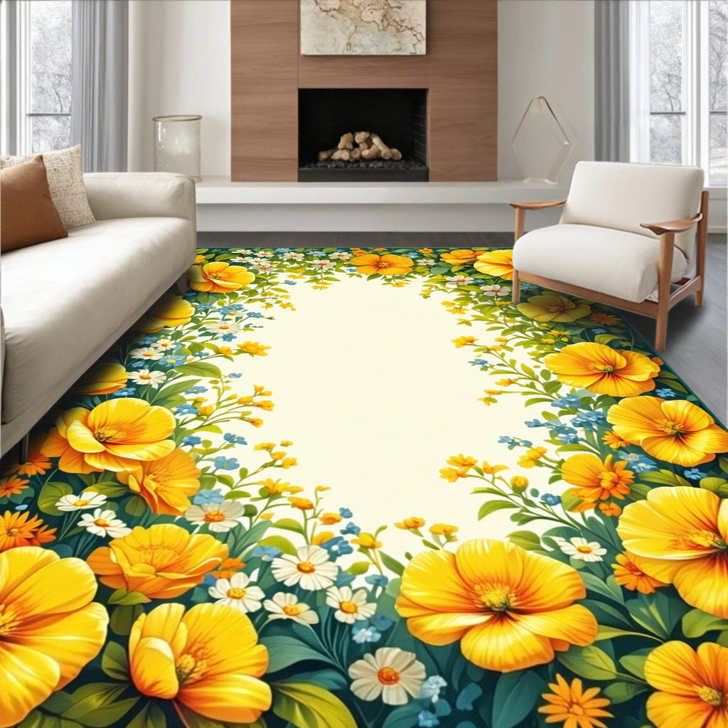 Vibrant Yellow Floral Garden Design Rug