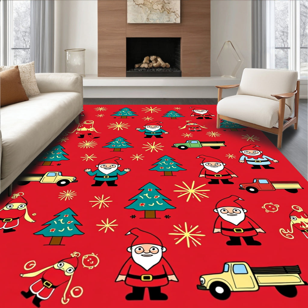 Jolly Red Gnome Christmas Tree Trucks Rug