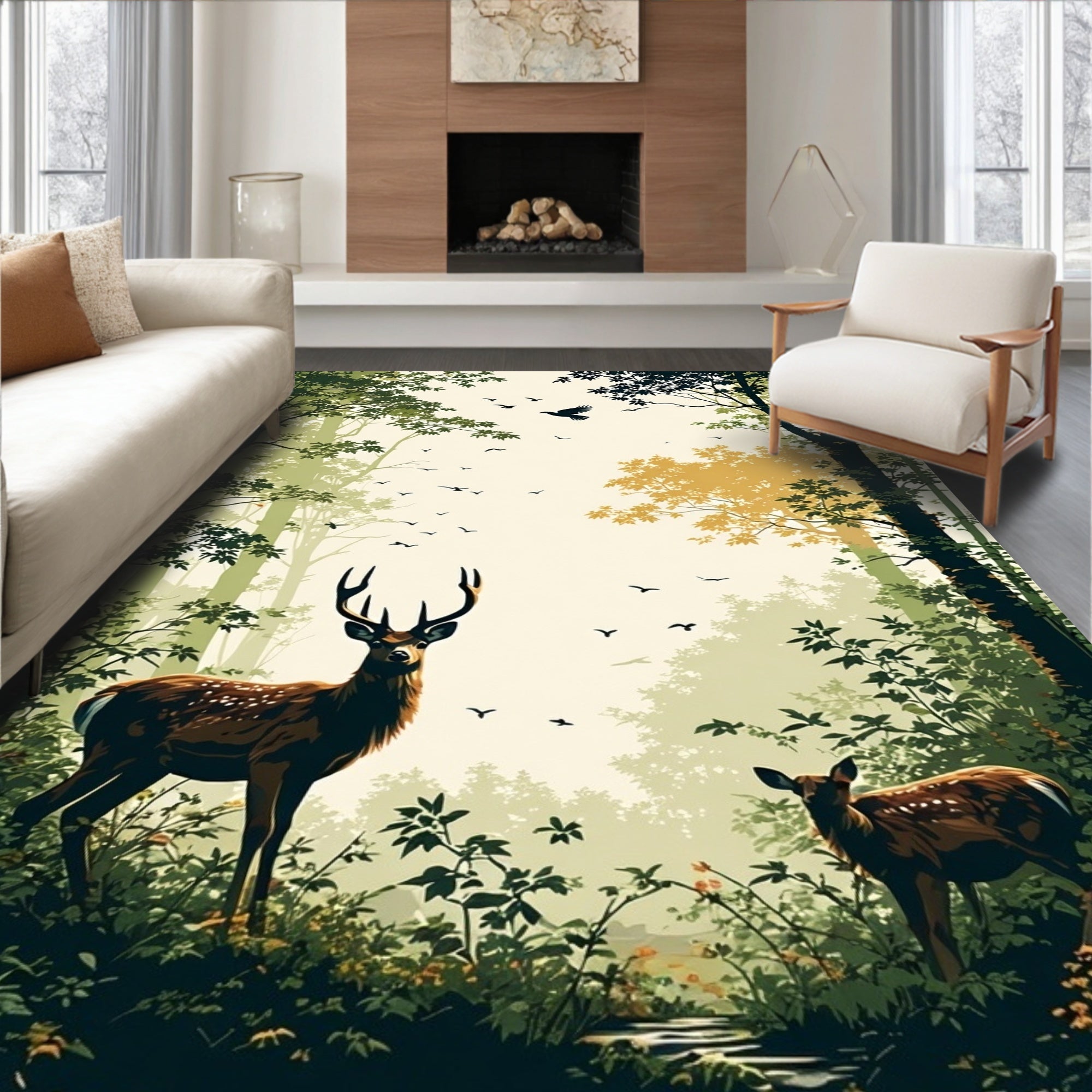 Forest Woodland Scene With Deer Flock Rug