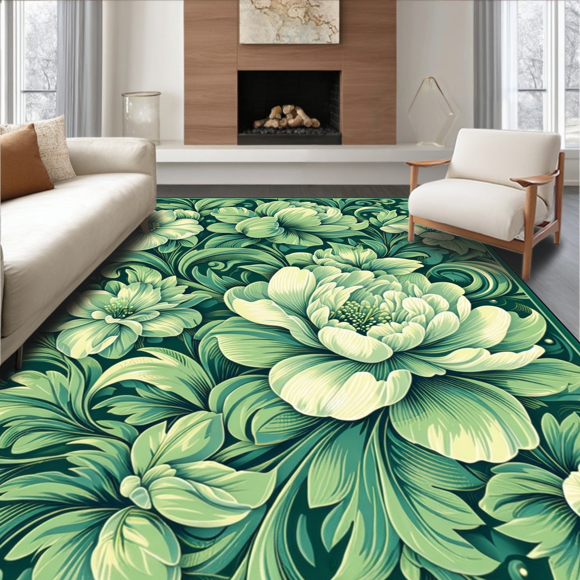 Elegant Floral Art Nouveau Green Rug