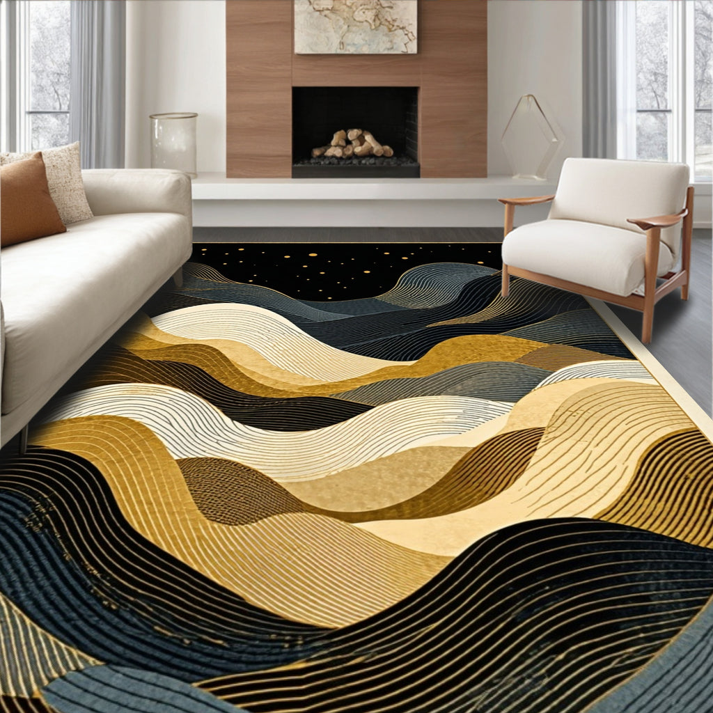 Abstract Wavy Gold Dark Lines Rug