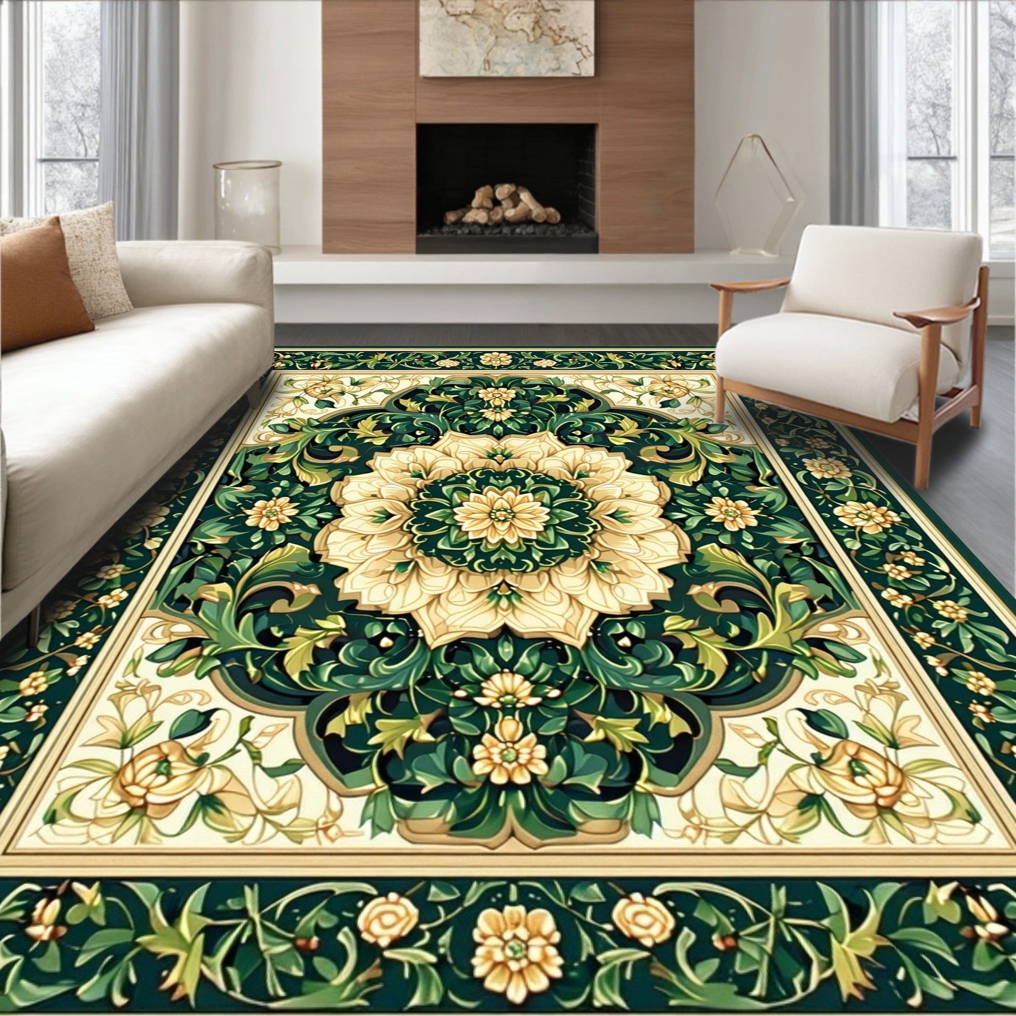 Vintage Floral Medallion Dark Green Rug