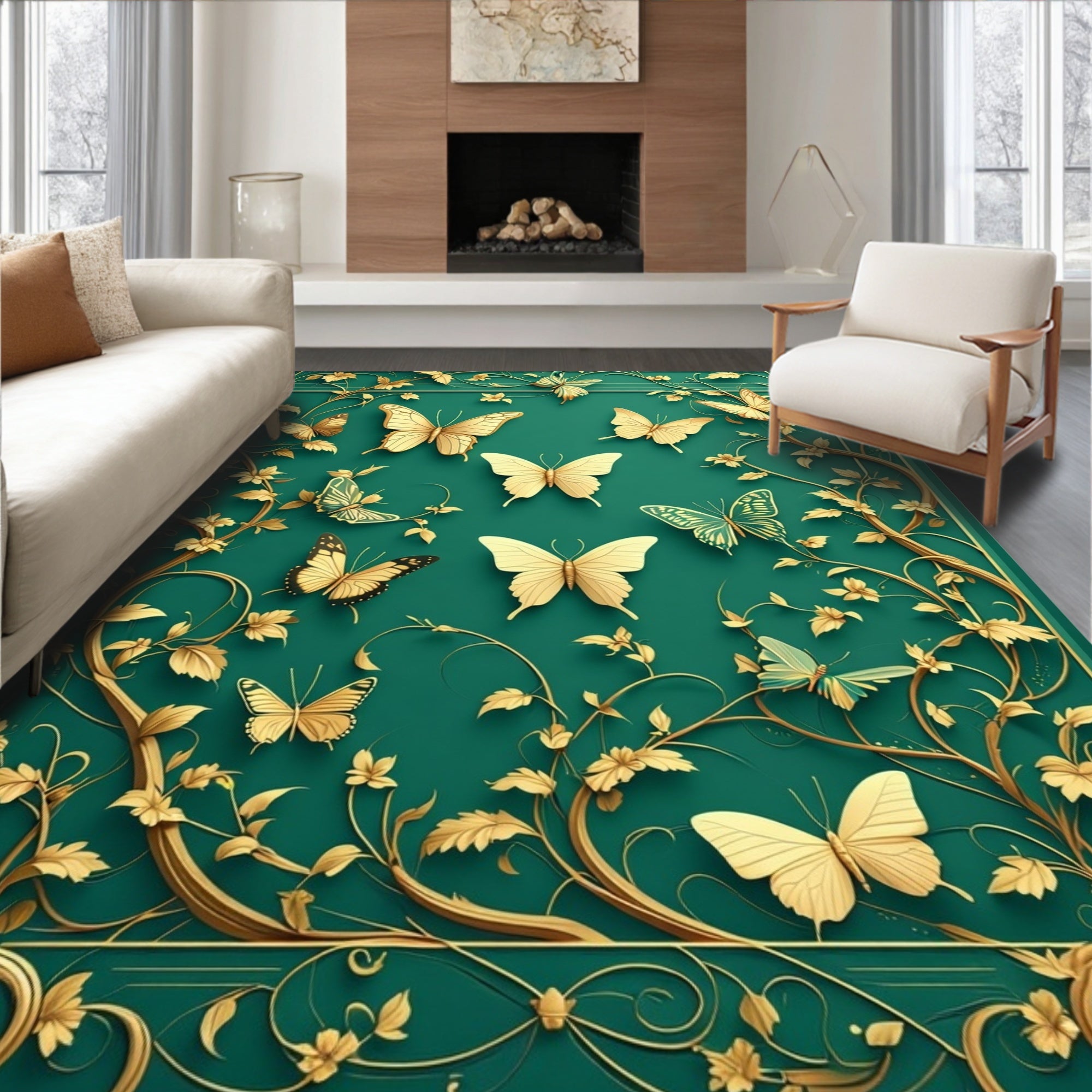 Elegant Gold Butterfly Floral Vines Rug