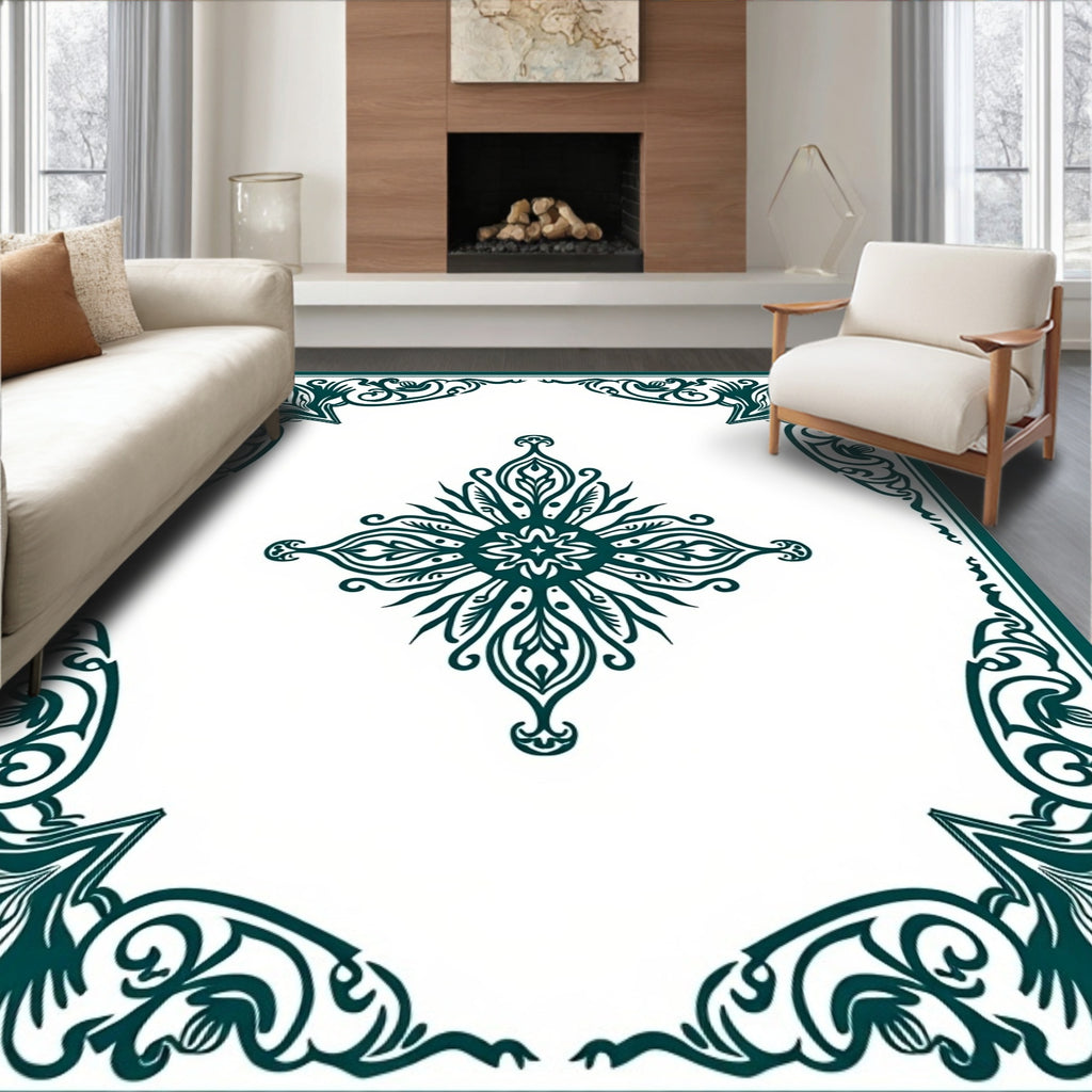 Deep Teal Ornate Medallion Border Rug