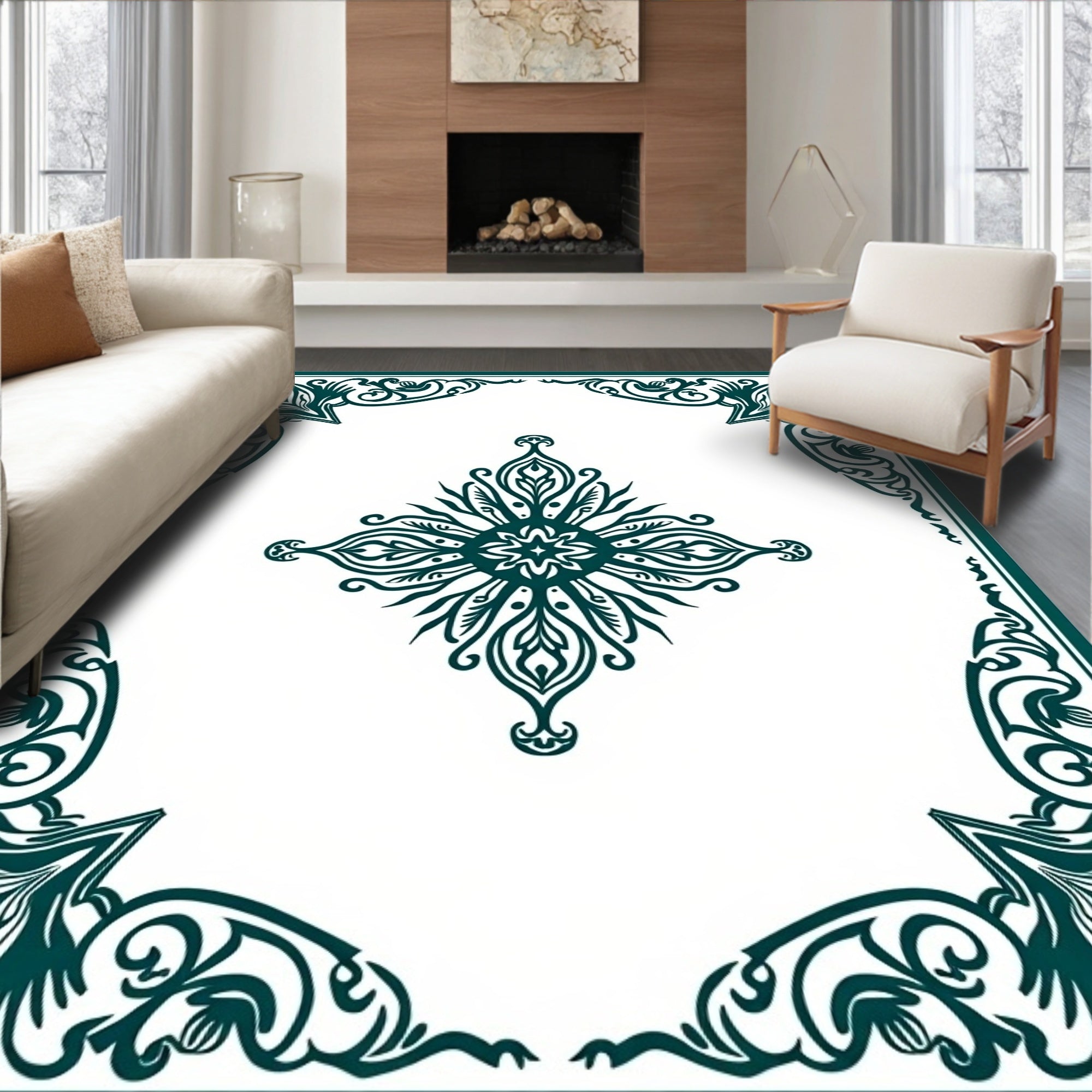Deep Teal Ornate Medallion Border Rug