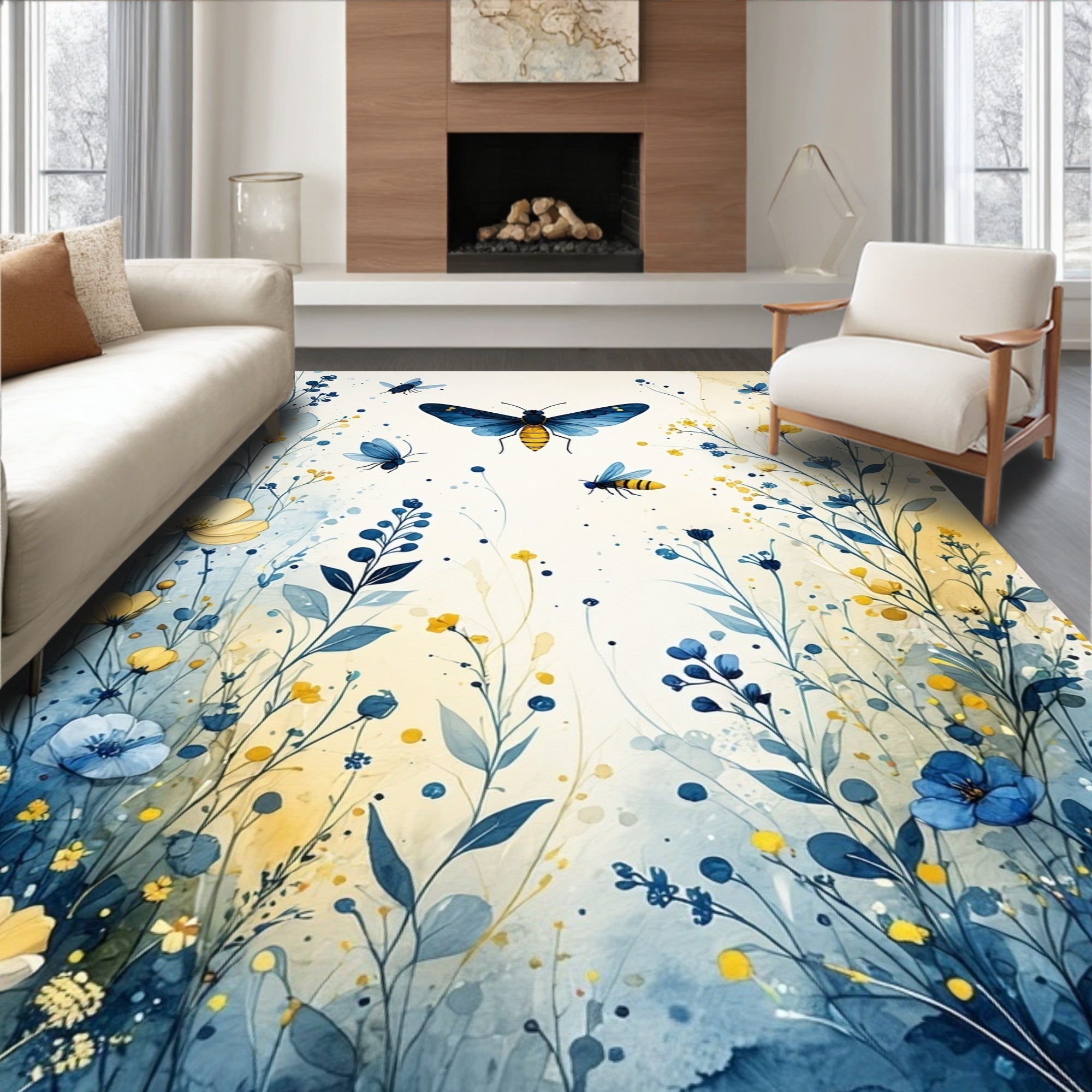 Blue And Yellow Floral Insect Design Rug