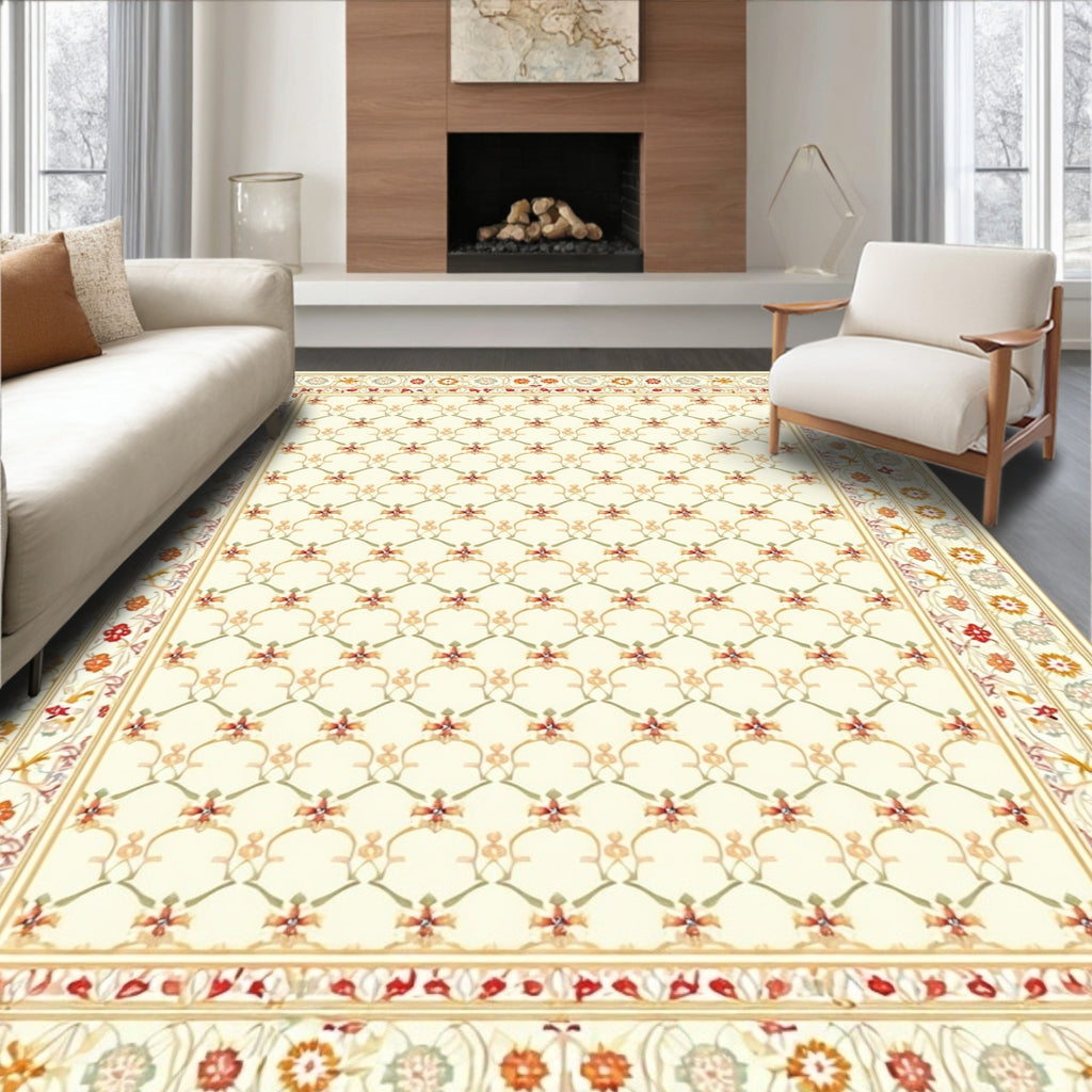Creamy Beige Floral Lattice Pattern Rug