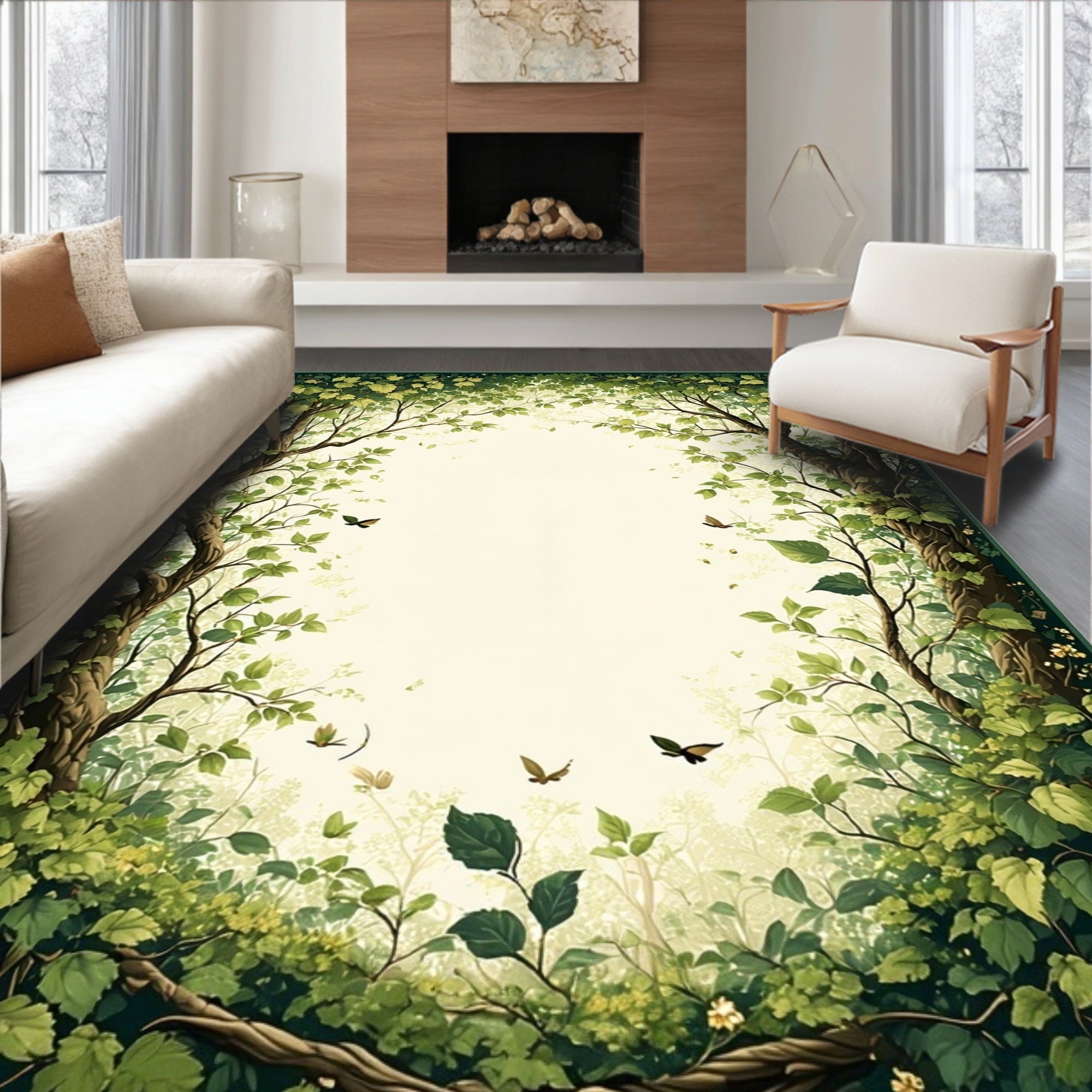 Enchanted Forest Foliage Butterfly Design Rug