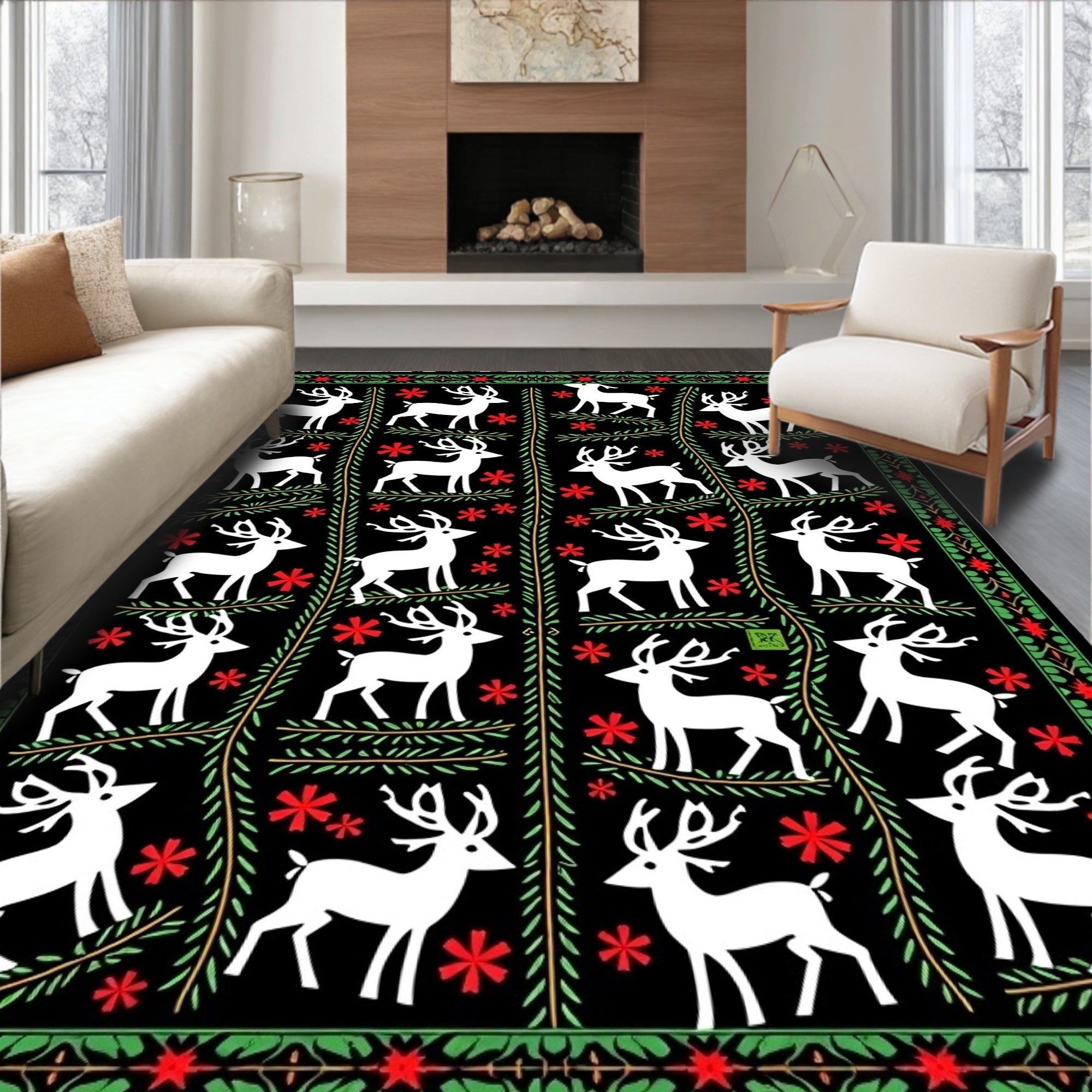 White Stag Red Floral Border Rug