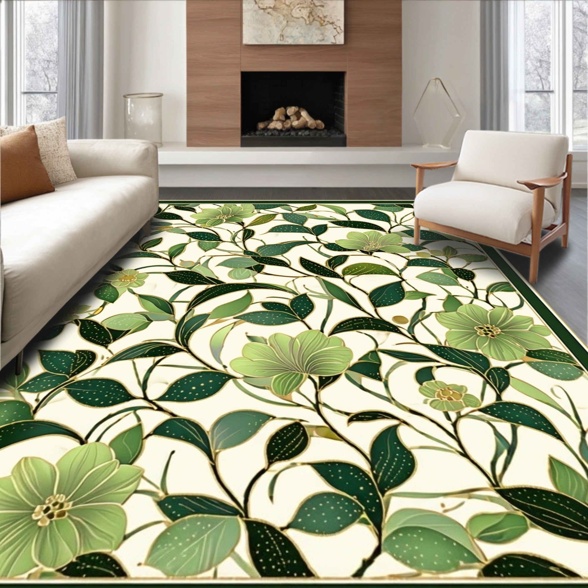 Lush Green Floral Vine Design Rug