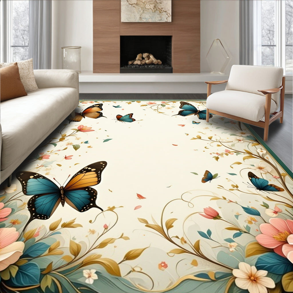 Floral Butterfly Garden Scene Rug