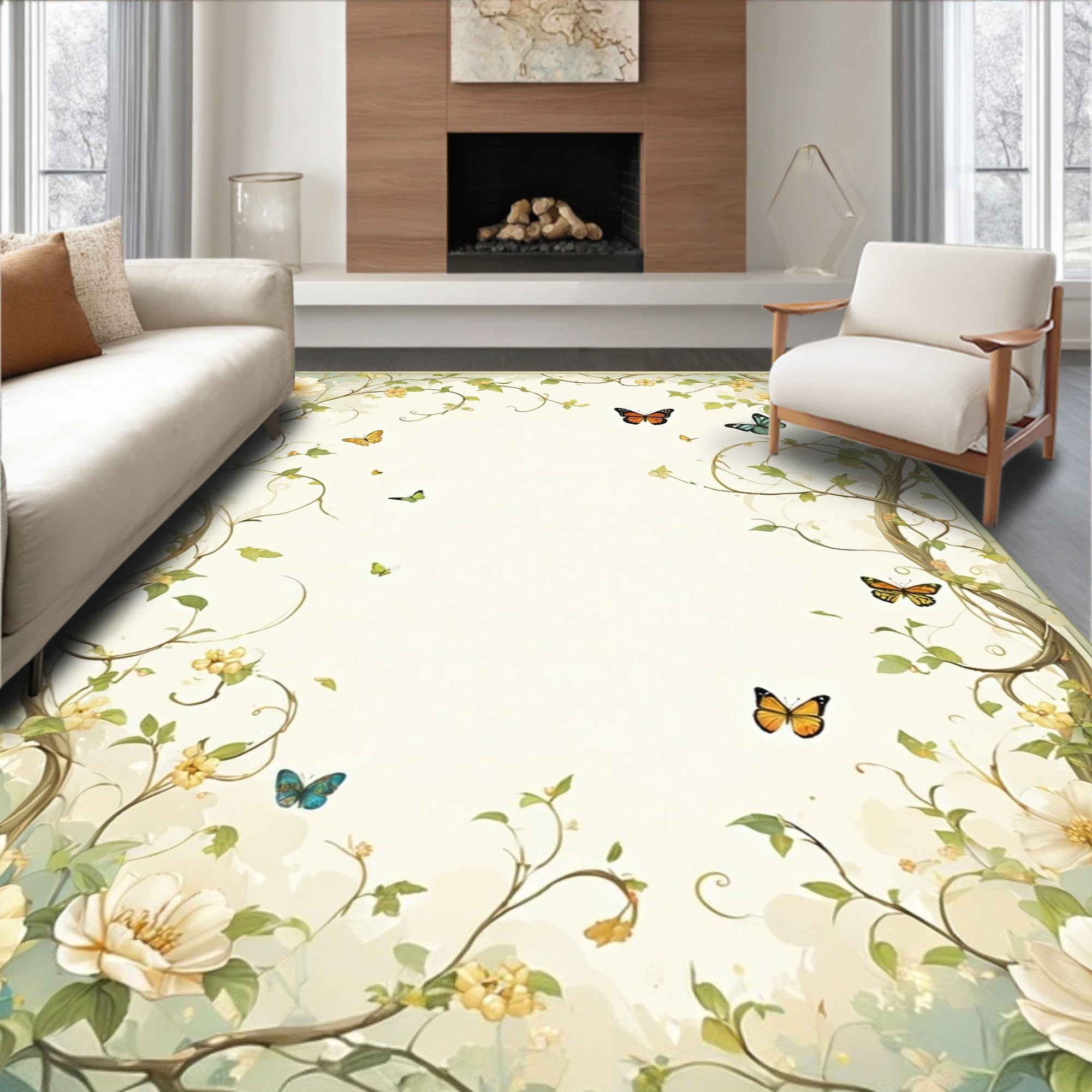 Nature Inspired Floral Butterfly Garden Rug