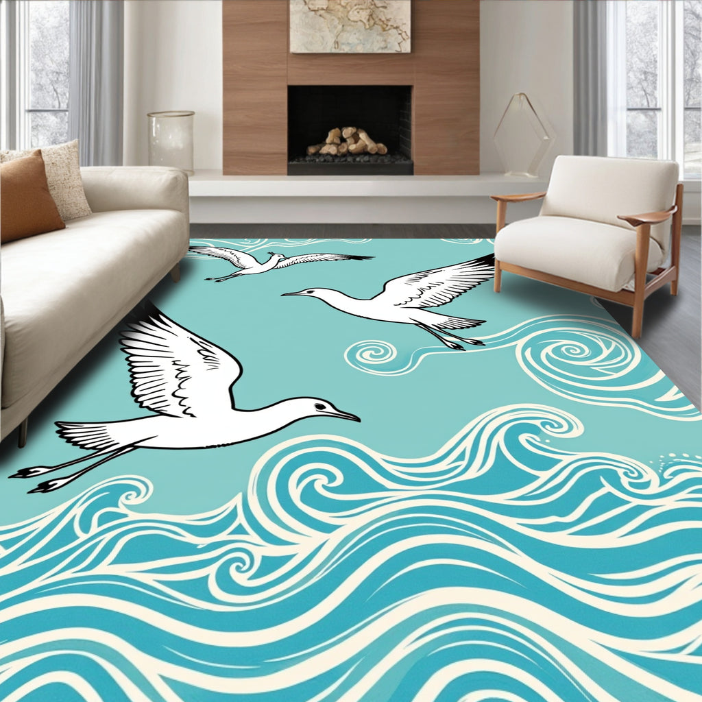 Seagulls with Ocean Waves Pattern Rug