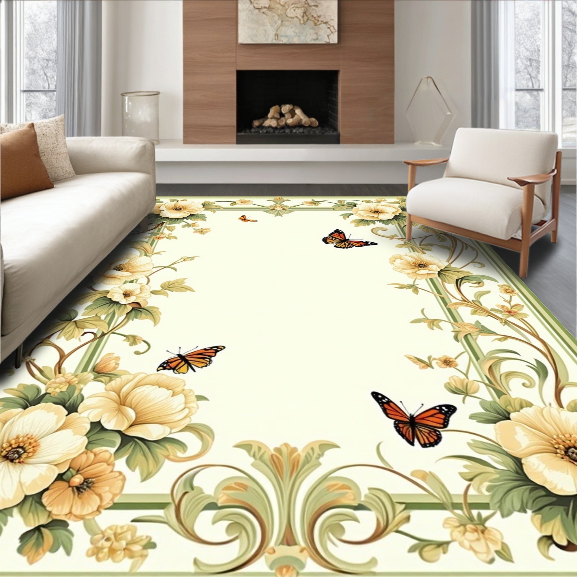 Floral Butterflies With Green Border Rug