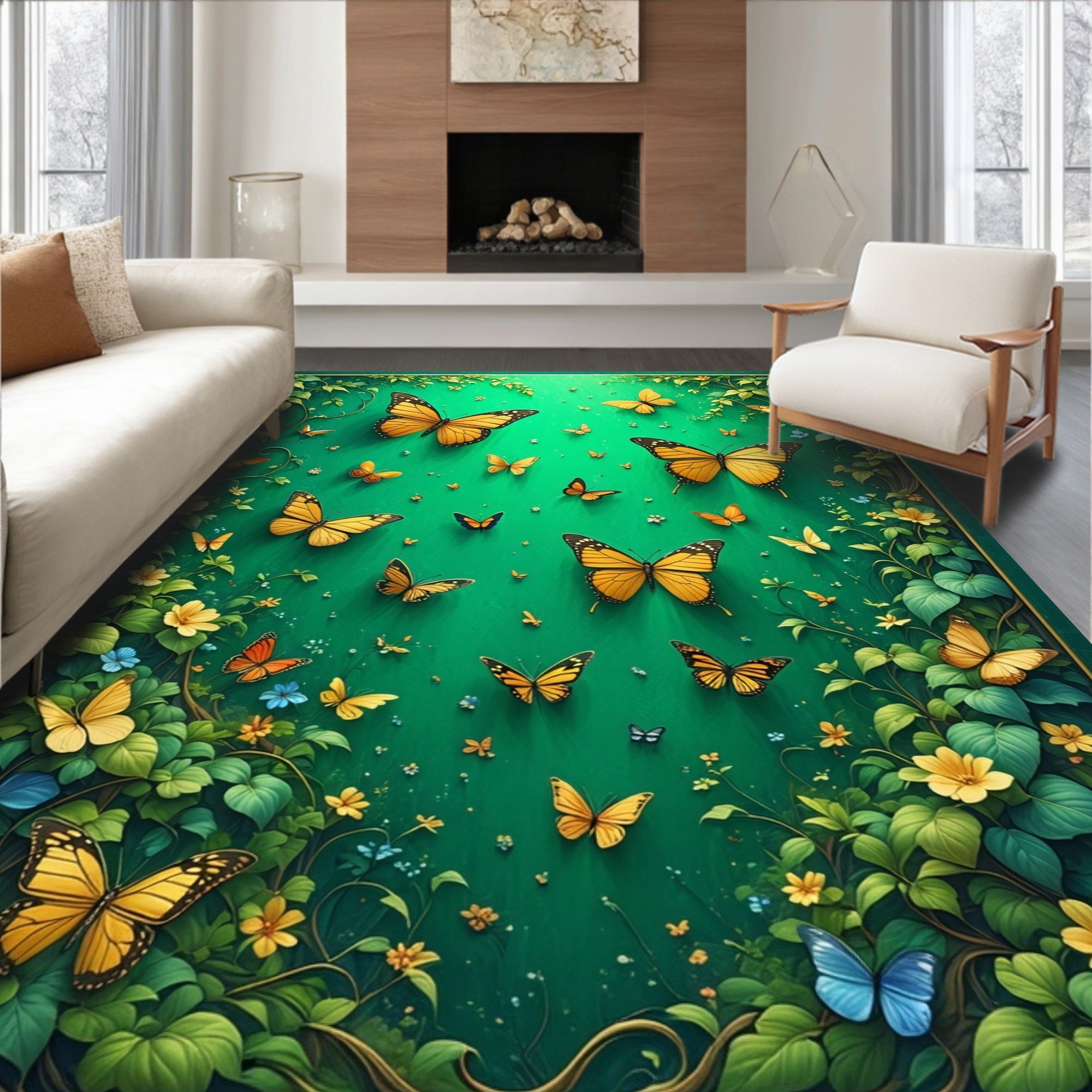Golden Butterflies Vibrant Green Swirls Rug