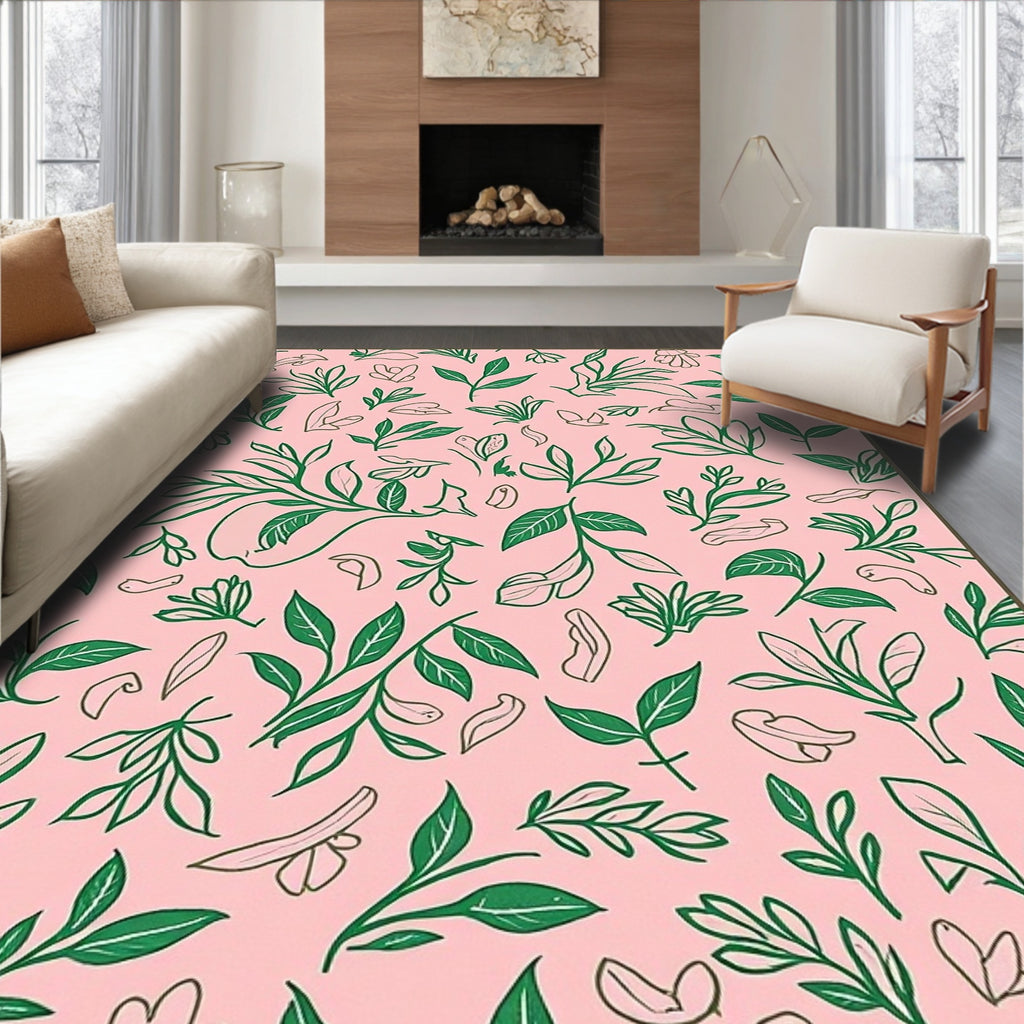 Pink Green Botanical Sketch Pattern Rug