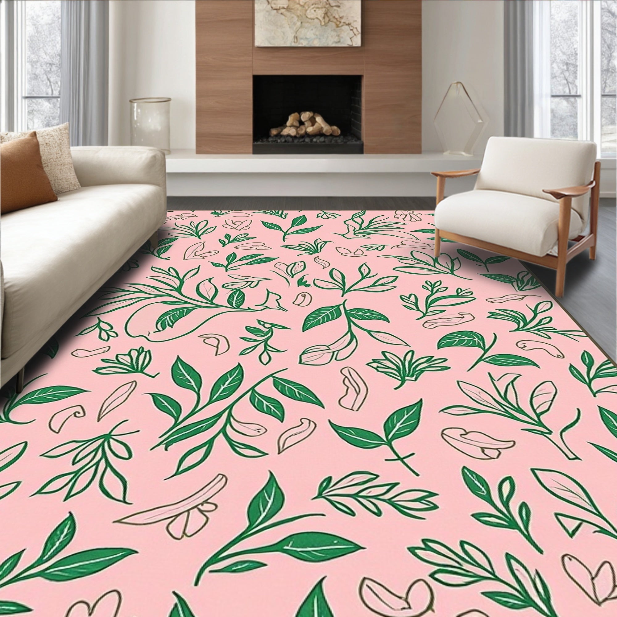 Pink Green Botanical Sketch Pattern Rug