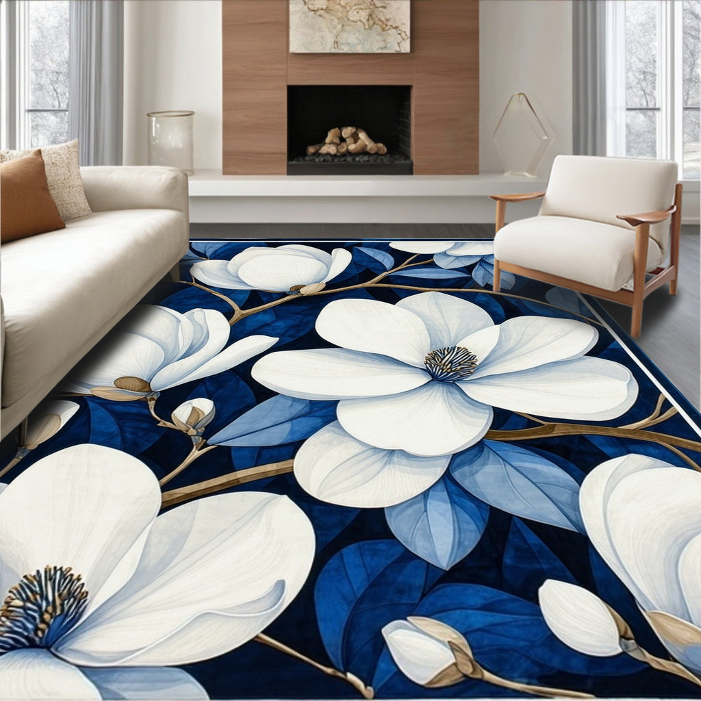 White Magnolia Blossom On Deep Blue Rug