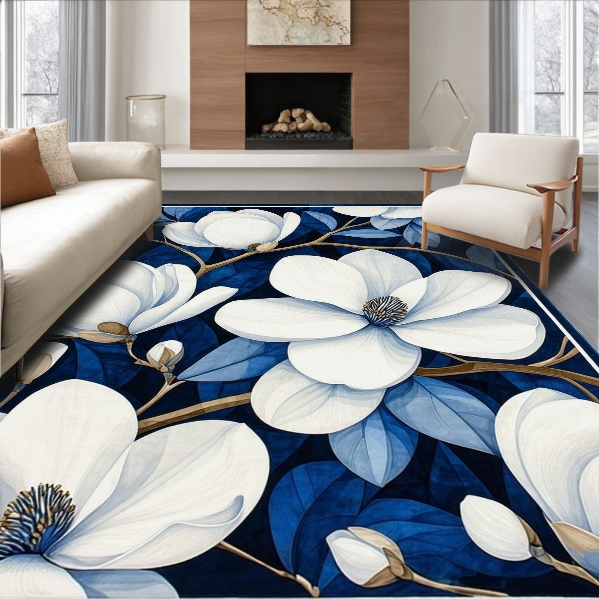 White Magnolia Blossom On Deep Blue Rug