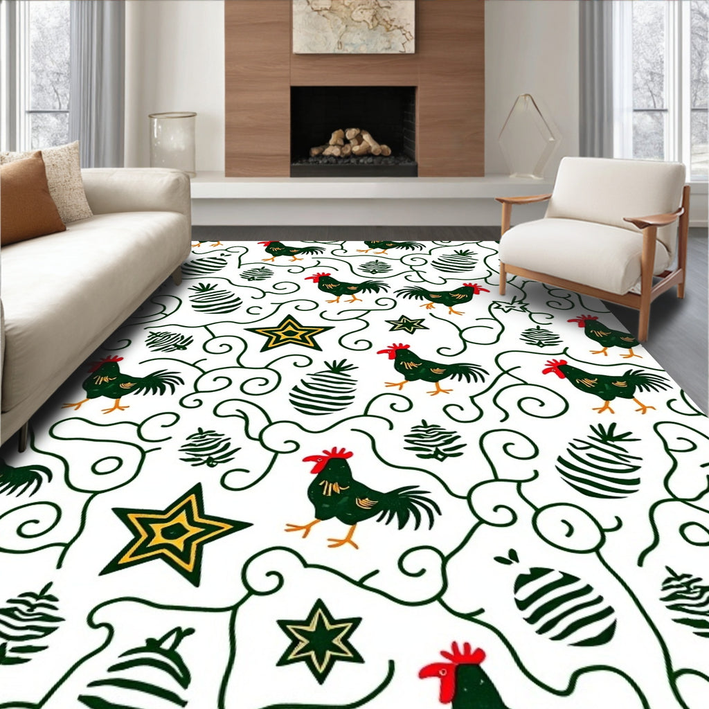 Rustic Roosters Green Swirl Star Rug