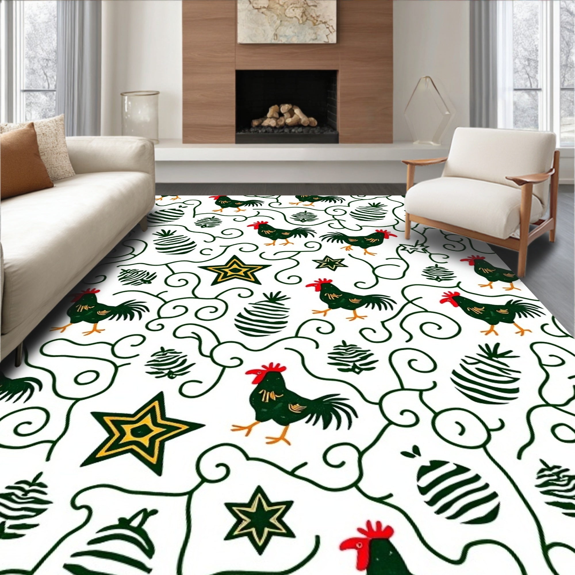 Rustic Roosters Green Swirl Star Rug