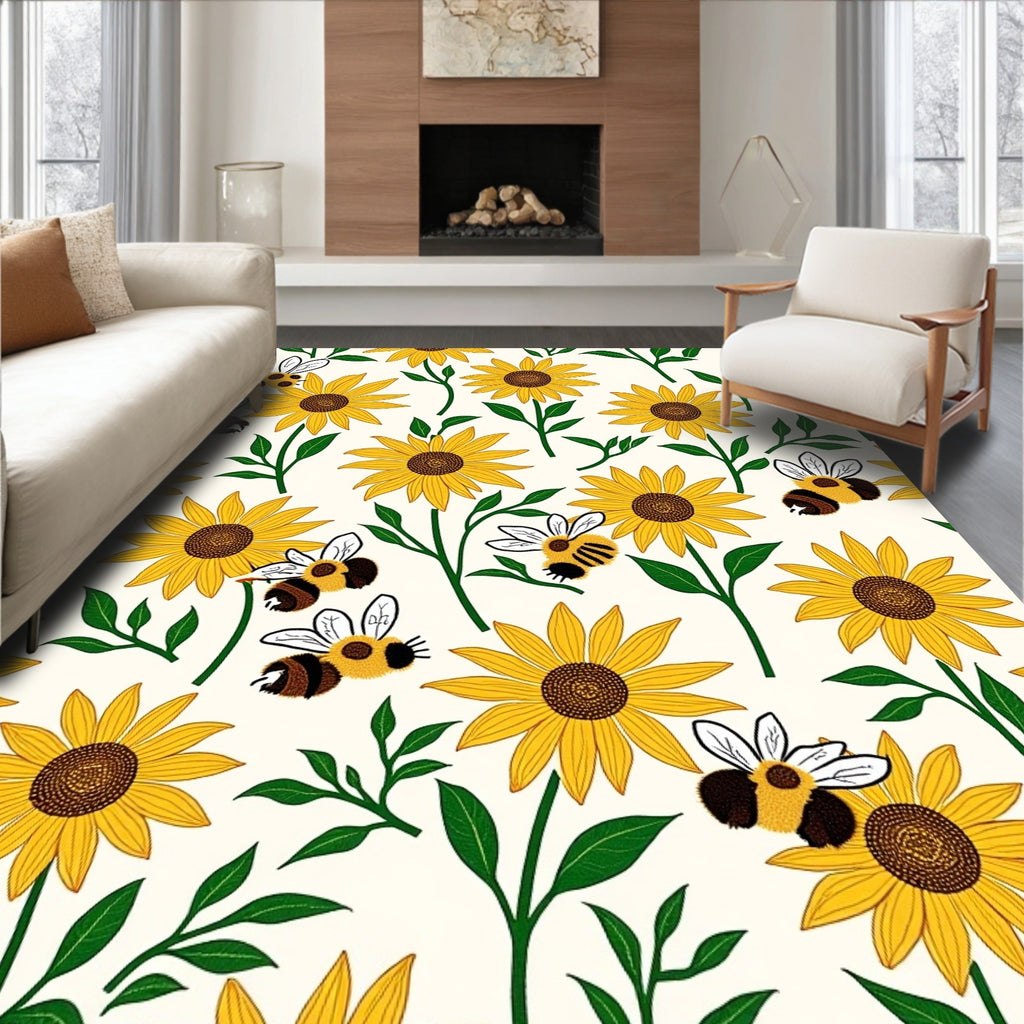 Bright Yellow Sunflowers and 3D Bees Rug