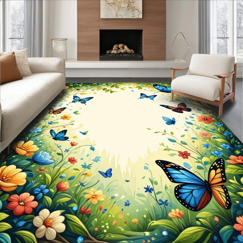 Vibrant Butterfly Blooming Garden Patchwork Rug