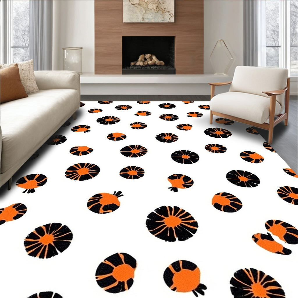 Orange Black Floral Round Pattern Rug