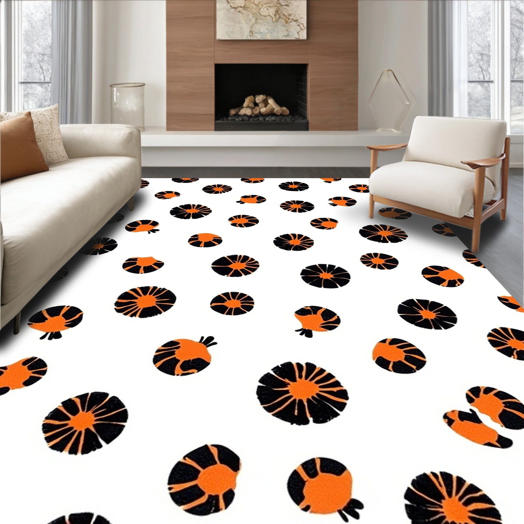 Orange Black Floral Round Pattern Rug
