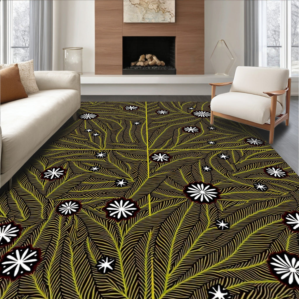 Golden Fern Swirl White Flower Rug