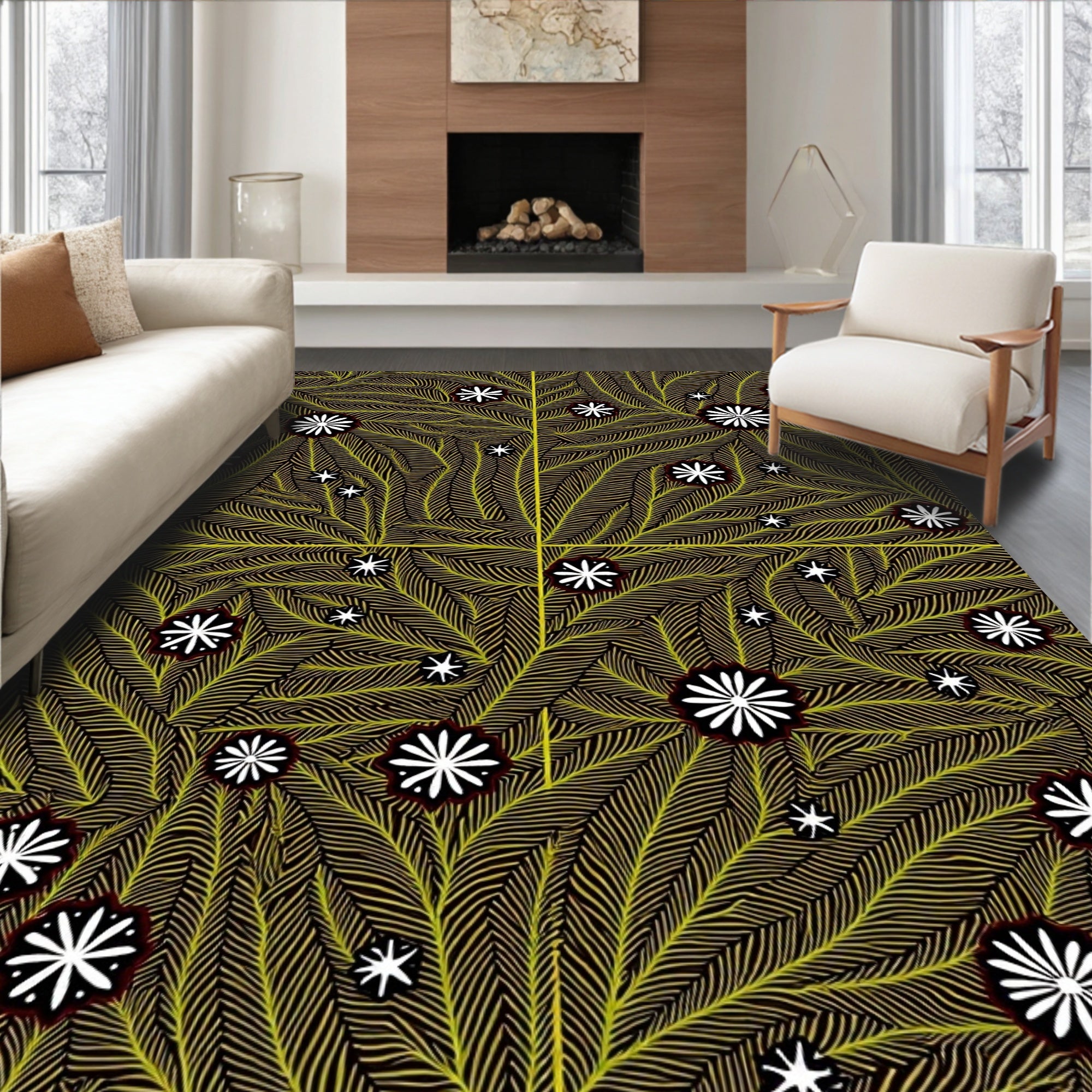 Golden Fern Swirl White Flower Rug