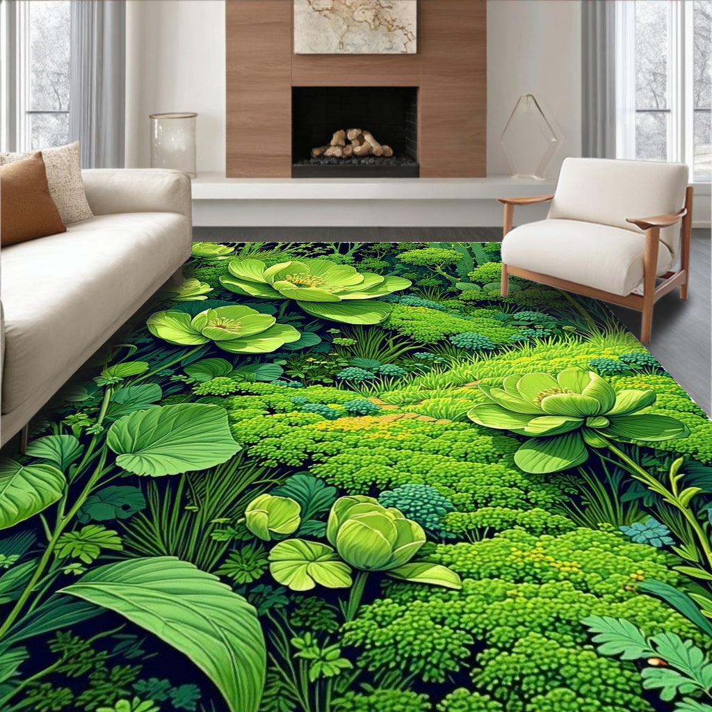 Lush Green Floral Garden Design Rug