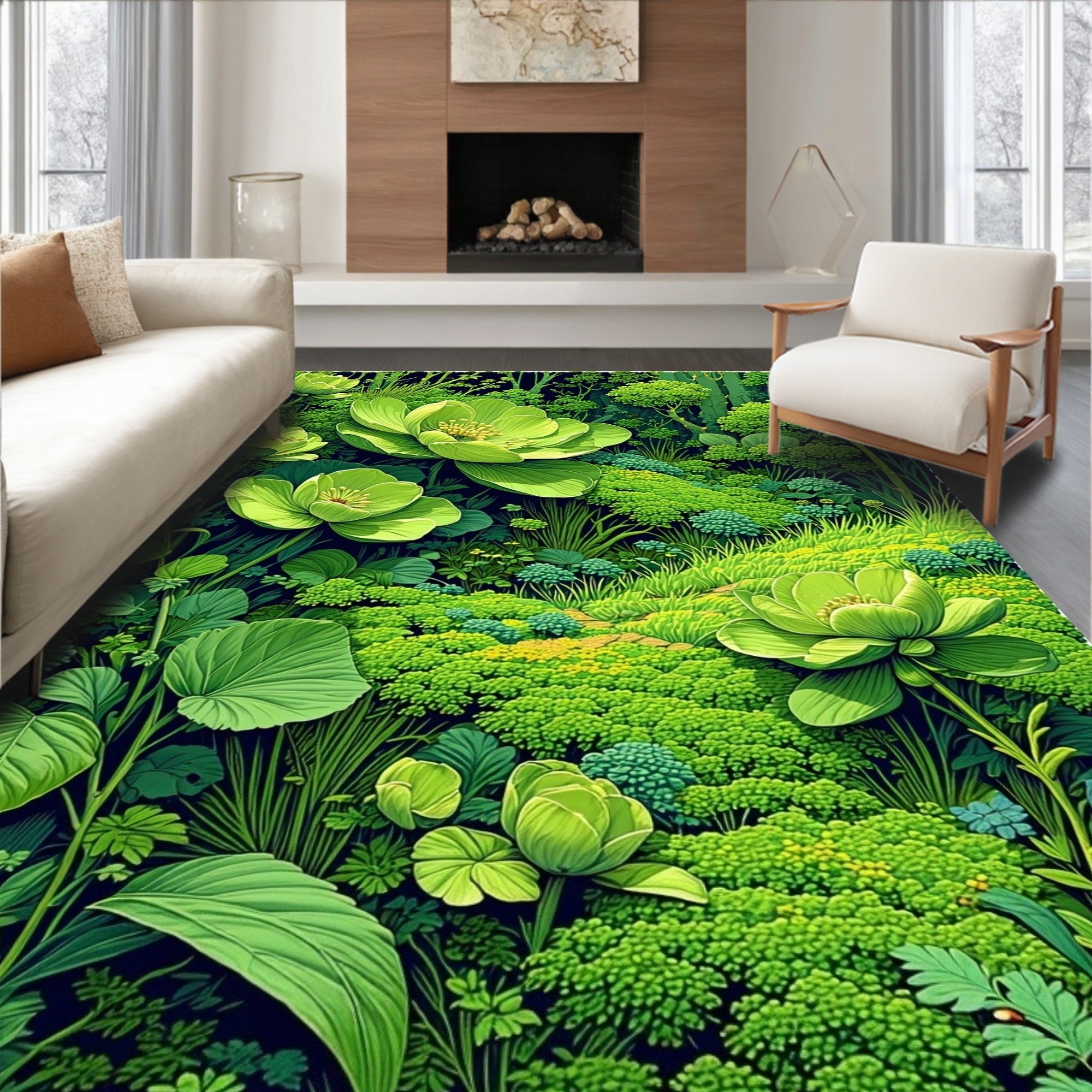Lush Green Floral Garden Design Rug