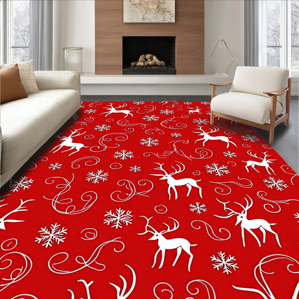 Crimson Reindeer Snowflake Swirls Rug