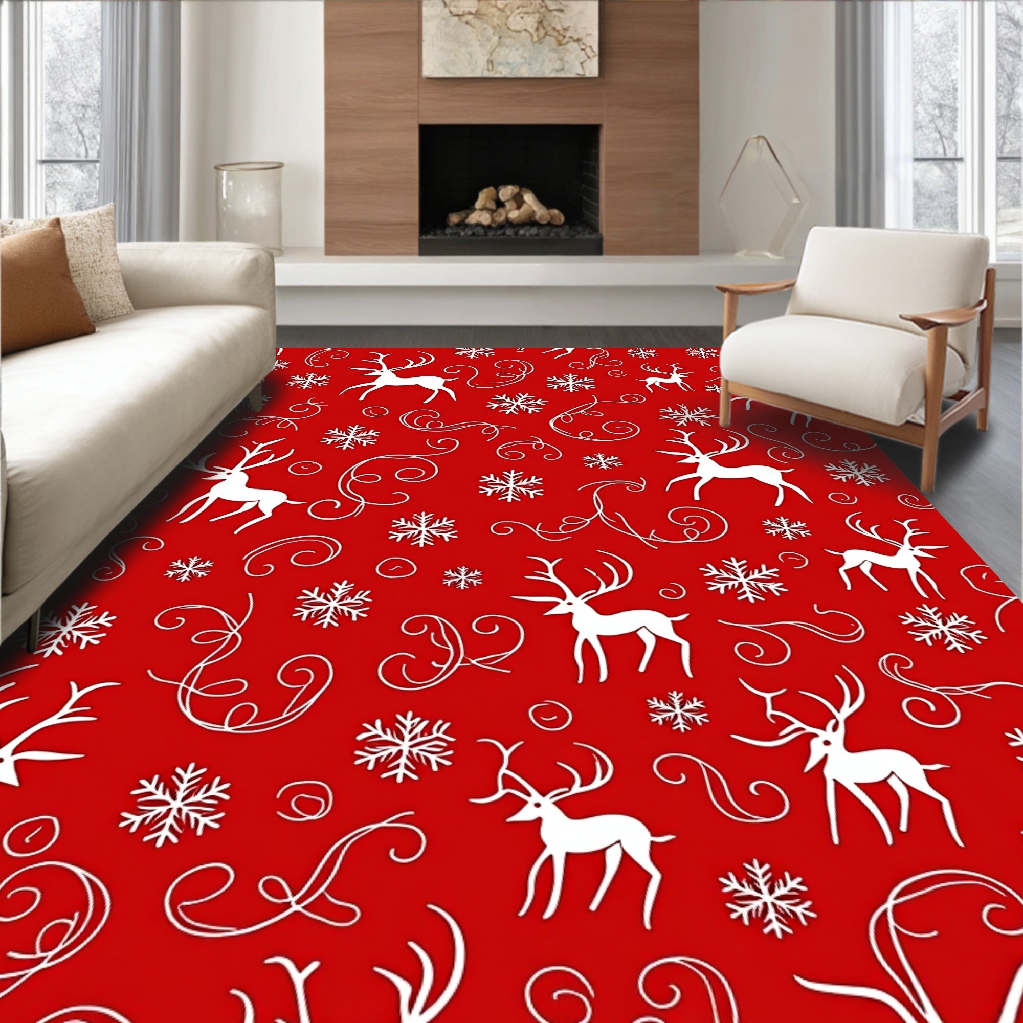 Crimson Reindeer Snowflake Swirls Rug