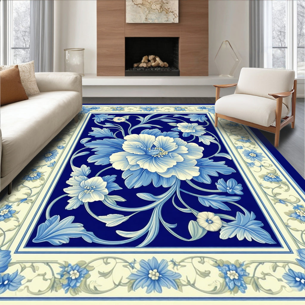 Blue Floral Scrollwork Pattern Rug