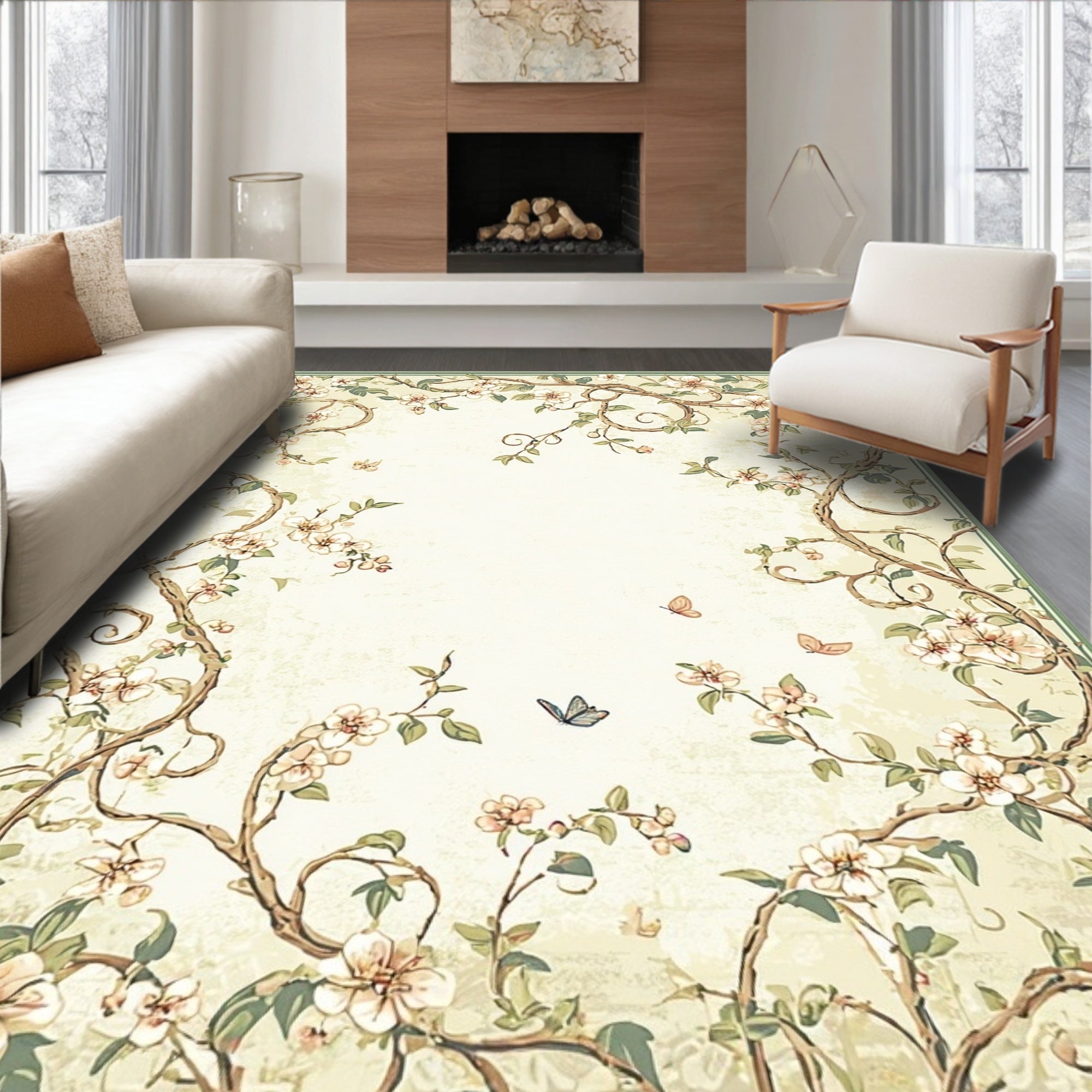 Vintage Floral Vine With Butterflies Design Rug