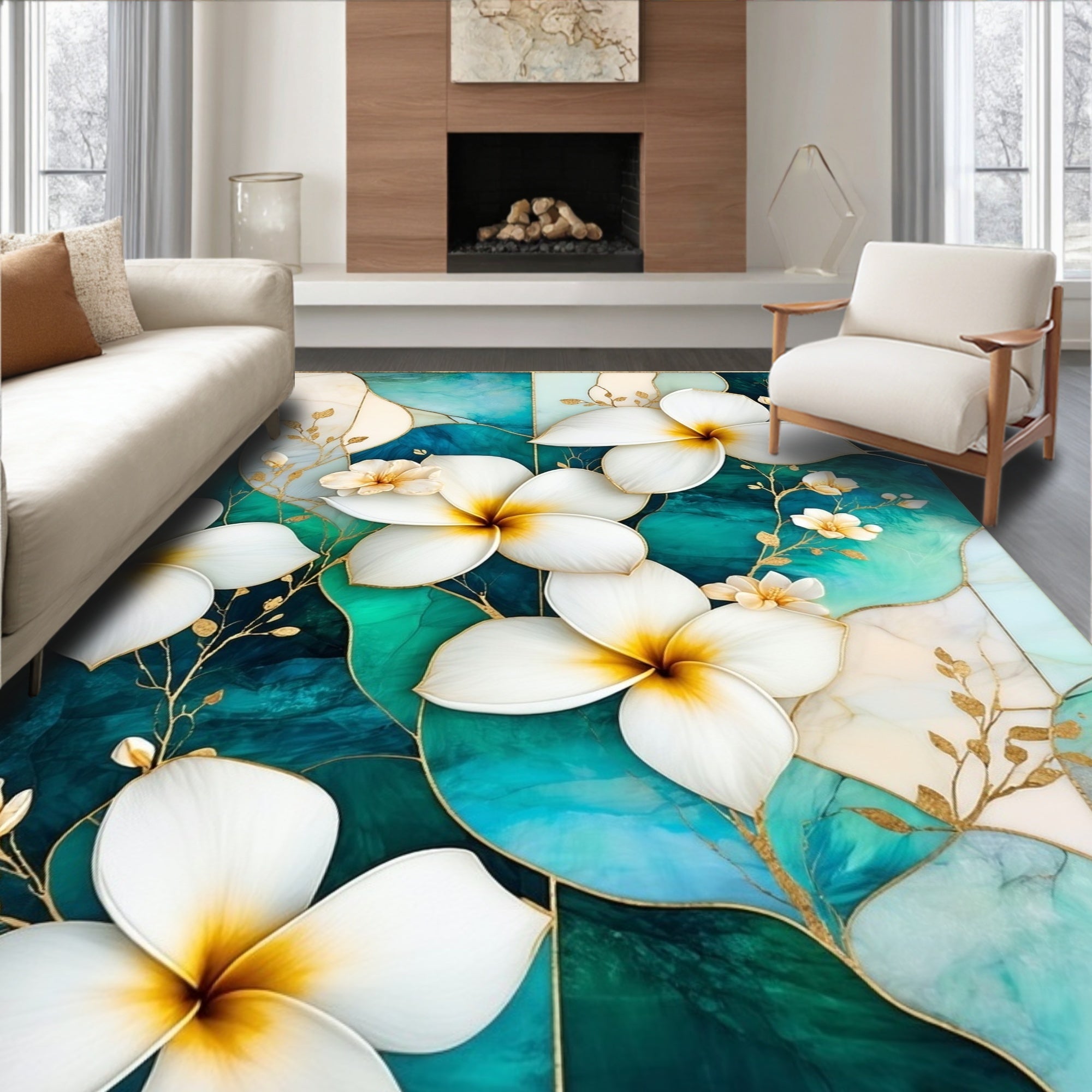 White Gold Floral Watercolor Rug