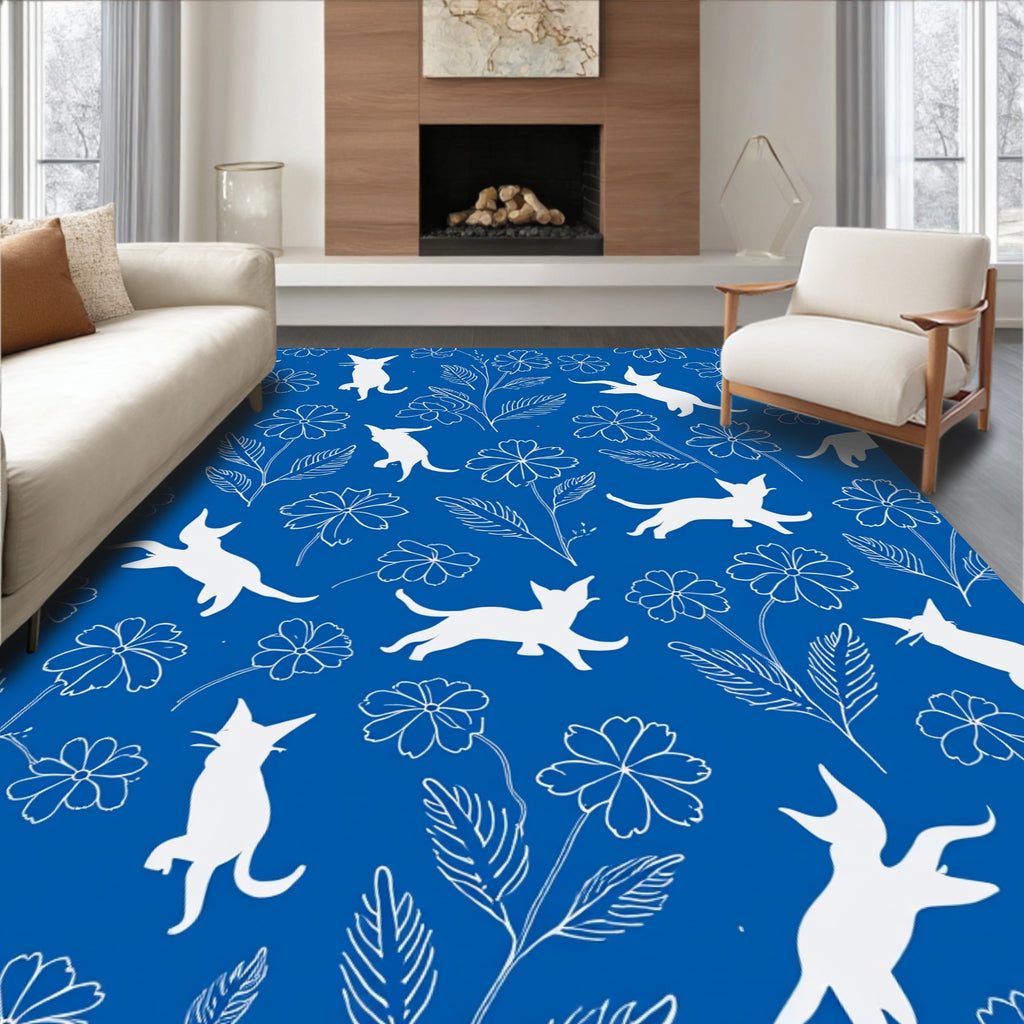Whimsical White Cats Floral Pattern Rug