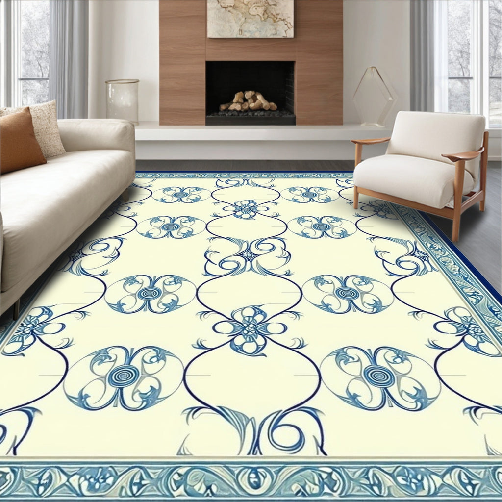 Ornate Blue Swirl Floral Patterned Rug