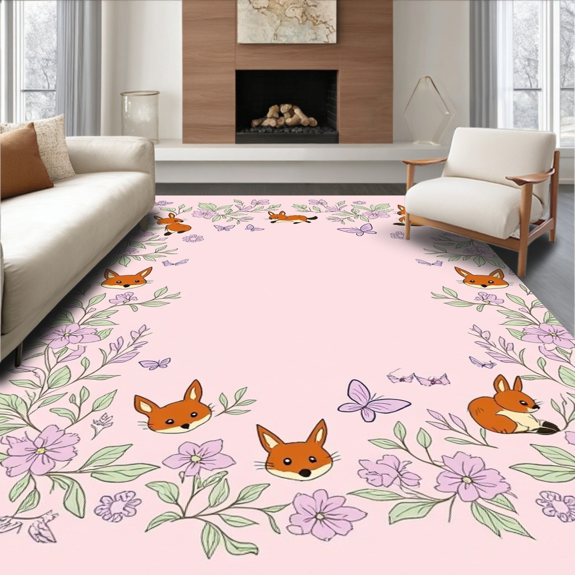 Whimsical Fox Fluttering Butterfly Floral Design Rug