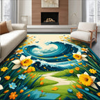 Spring Wave Floral Butterfly Scene Rug